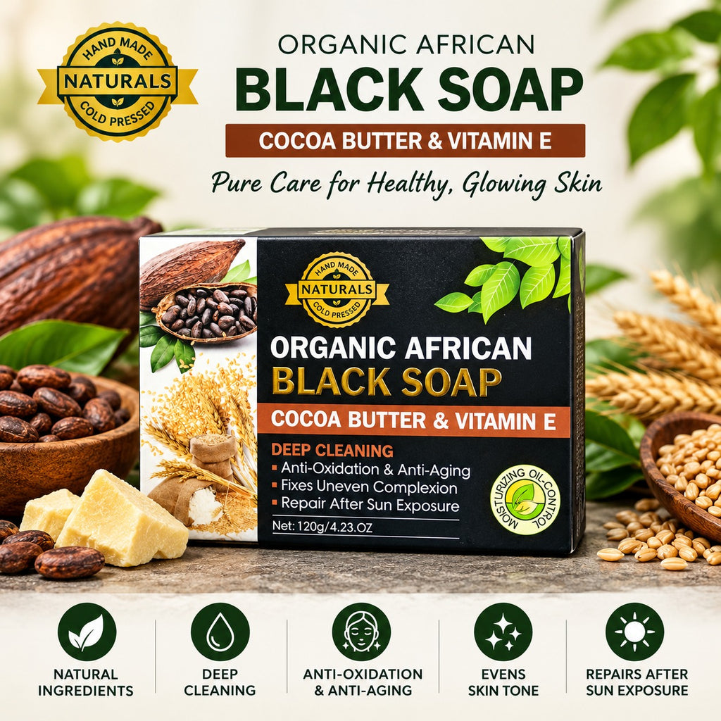 Organic African Black Soap – Cocoa Butter & Vitamin E (120g)