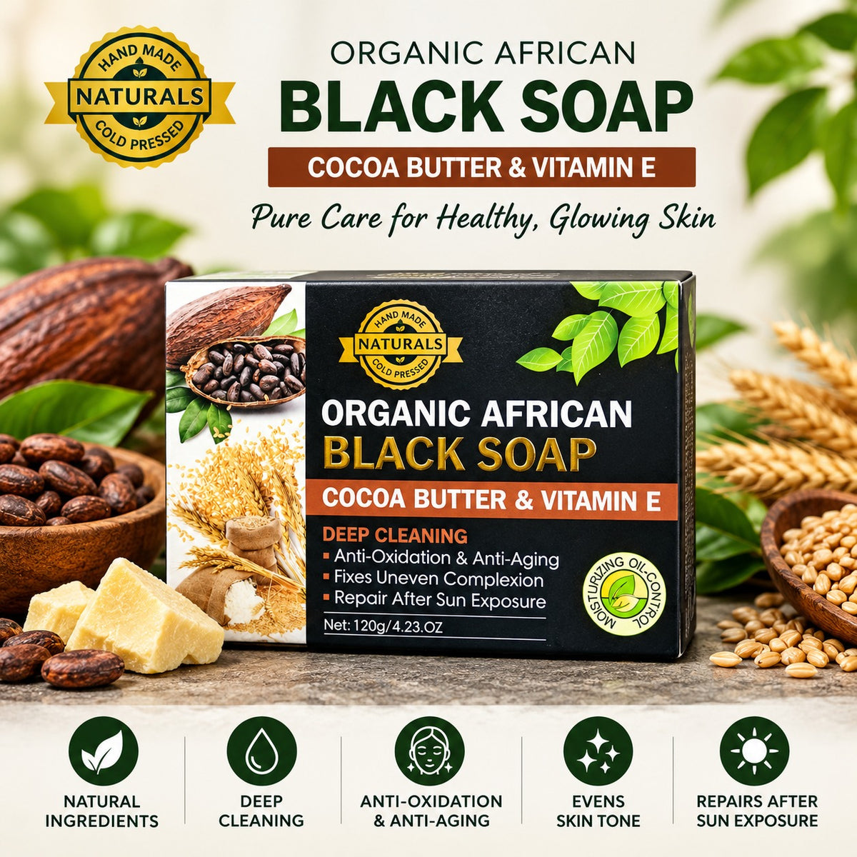 Organic African Black Soap – Cocoa Butter & Vitamin E (120g)