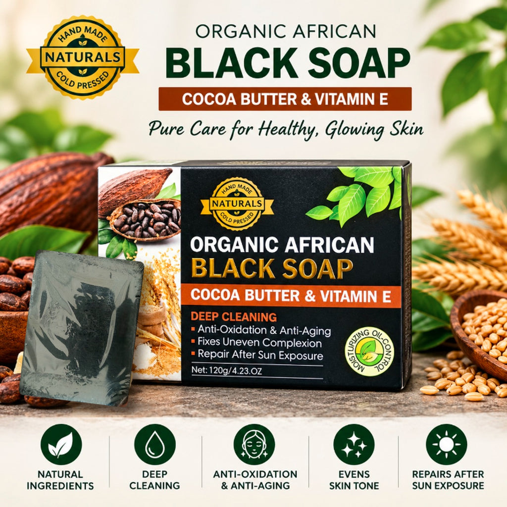 Organic African Black Soap – Cocoa Butter & Vitamin E (120g)